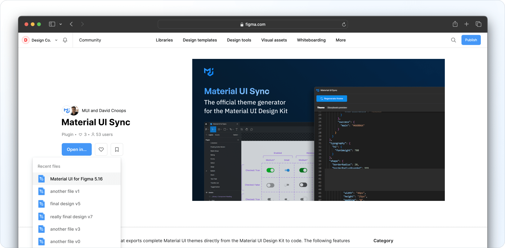 Accessing Material UI Sync via the Resources menu in Figma.